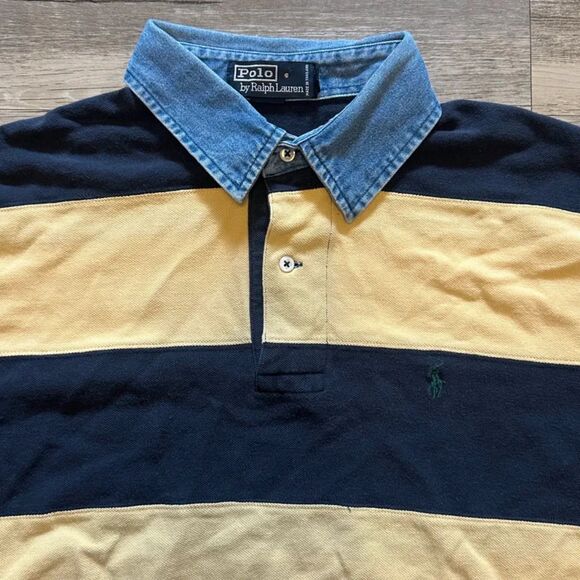 Vintage Polo Ralph Lauren Denim Collar Striped Rugby Polo Shirt Size Large - Picture 2 of 5